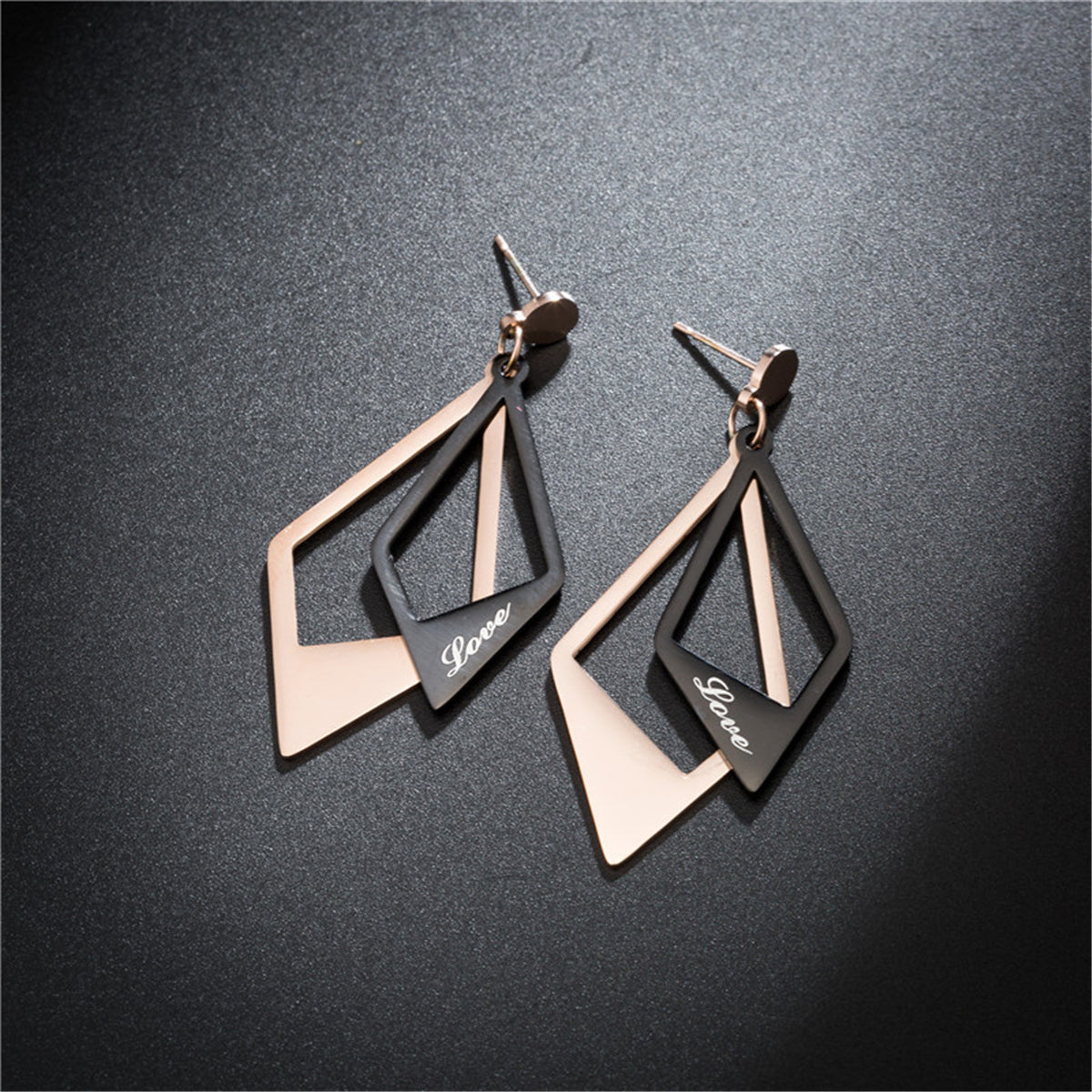 Black Acrylic & 18K Rose Gold-Plated 'Love' Stacked Rhombus Drop Earrings