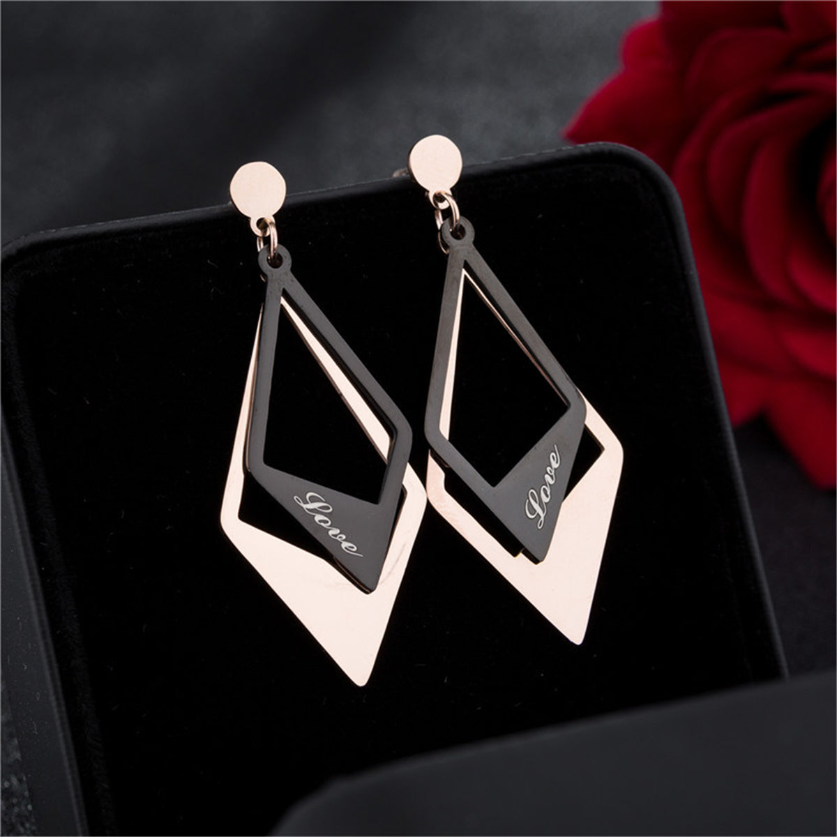 Black Acrylic & 18K Rose Gold-Plated 'Love' Stacked Rhombus Drop Earrings