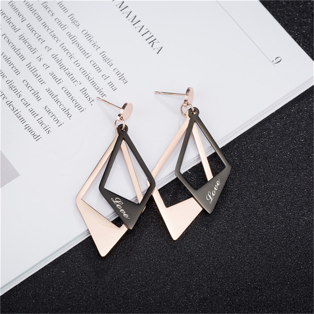 Black Acrylic & 18K Rose Gold-Plated 'Love' Stacked Rhombus Drop Earrings