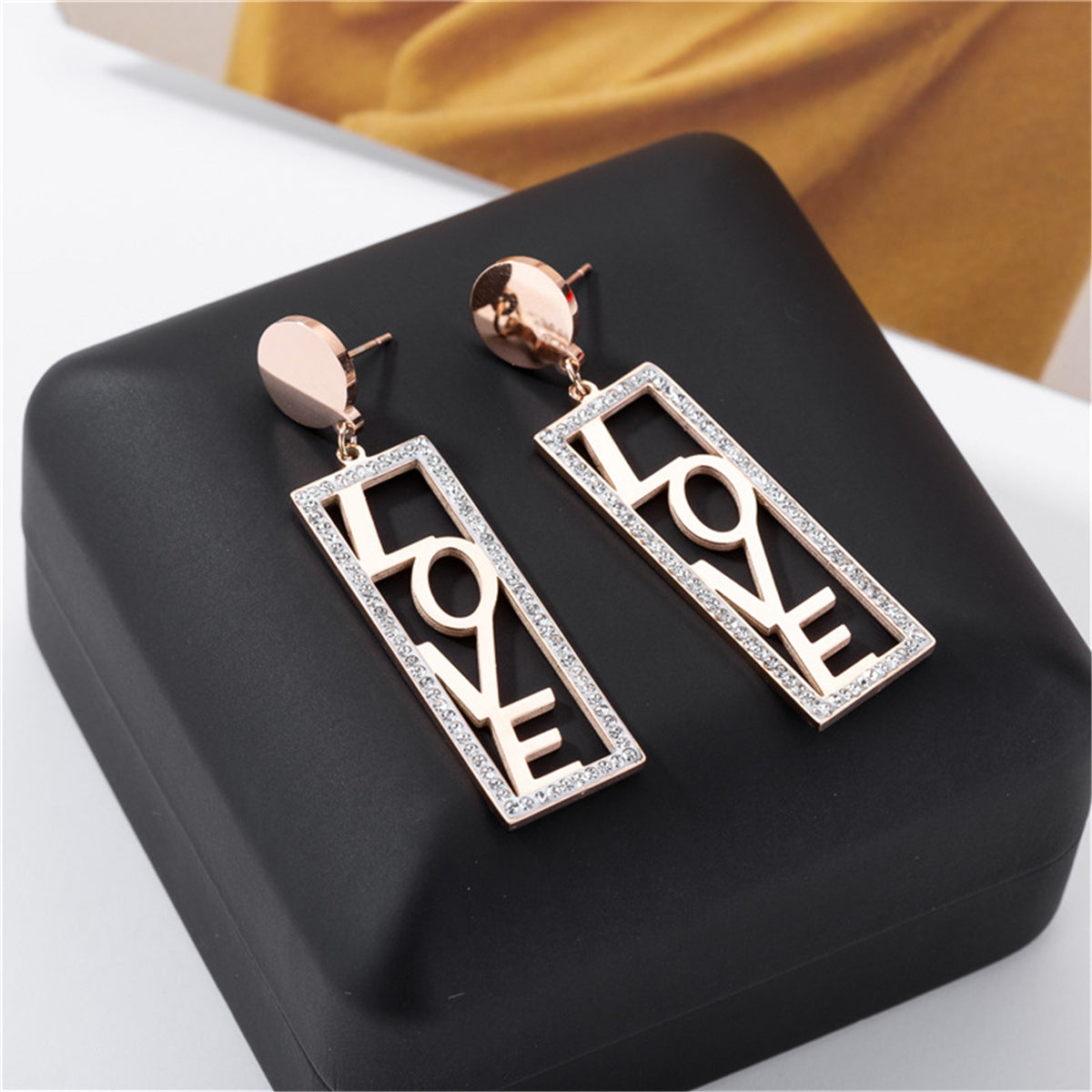 Cubic Zirconia & 18K Rose Gold-Plated 'Love' Rectangle Drop Earrings