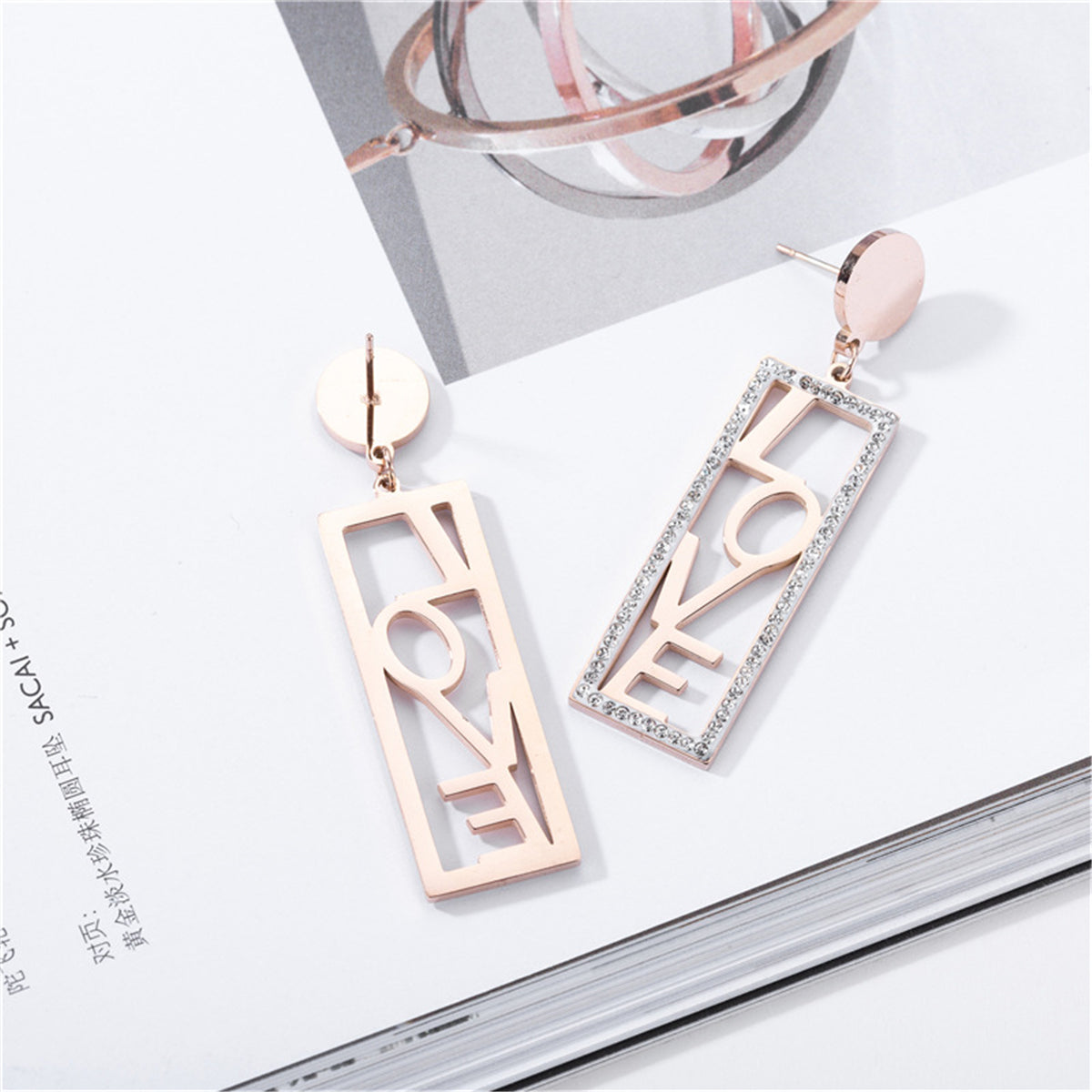 Cubic Zirconia & 18K Rose Gold-Plated 'Love' Rectangle Drop Earrings