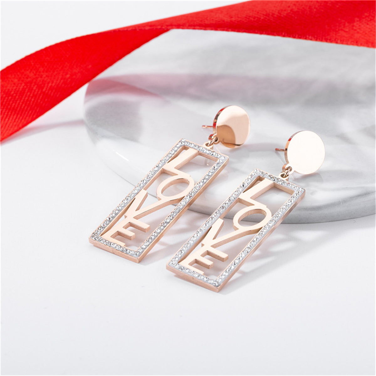 Cubic Zirconia & 18K Rose Gold-Plated 'Love' Rectangle Drop Earrings