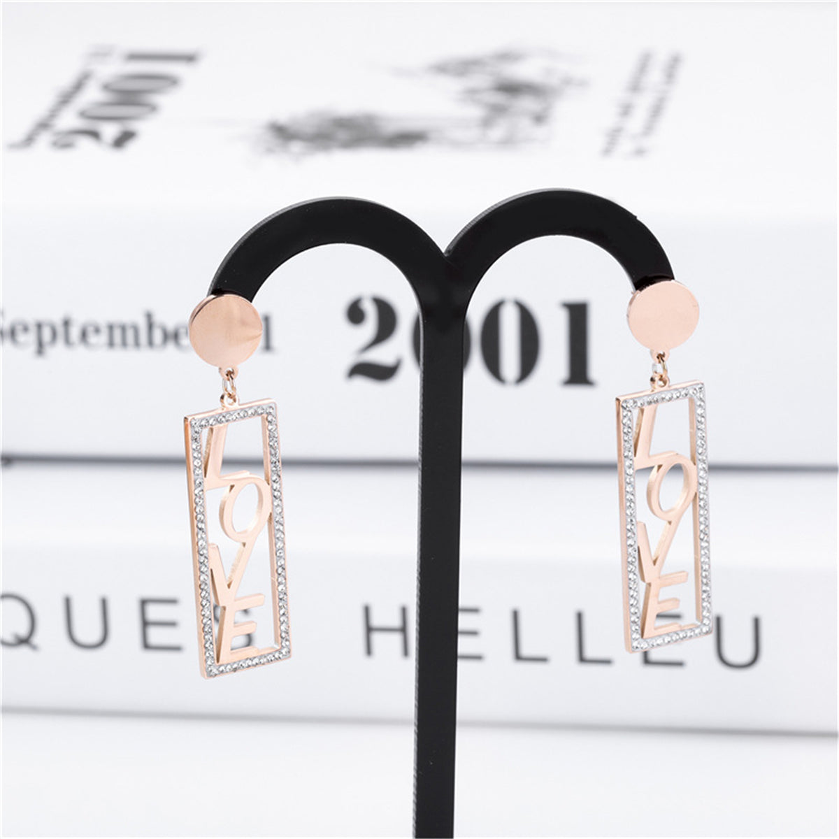 Cubic Zirconia & 18K Rose Gold-Plated 'Love' Rectangle Drop Earrings