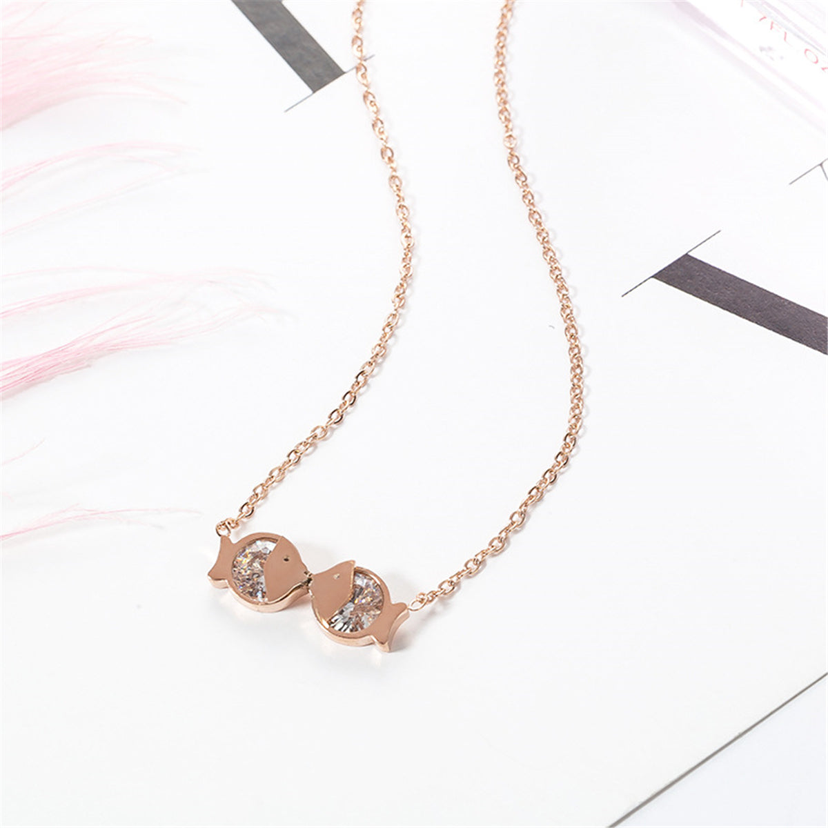 Clear Cubic Zirconia & 18K Rose Gold-Plated Double-Fish Pendant Necklace