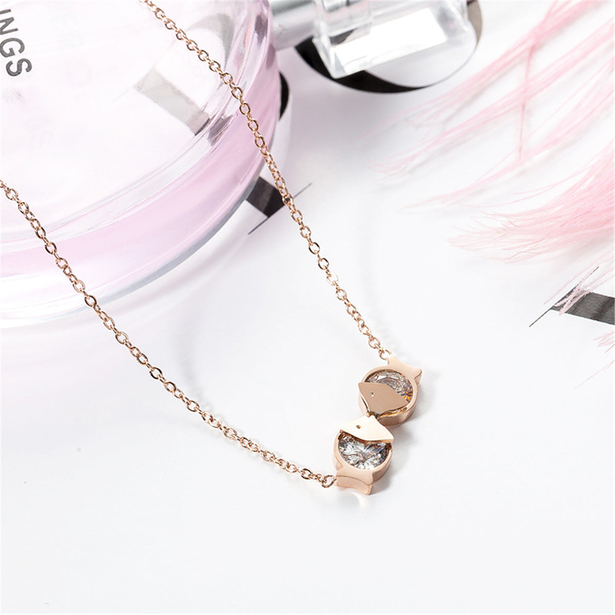 Clear Cubic Zirconia & 18K Rose Gold-Plated Double-Fish Pendant Necklace