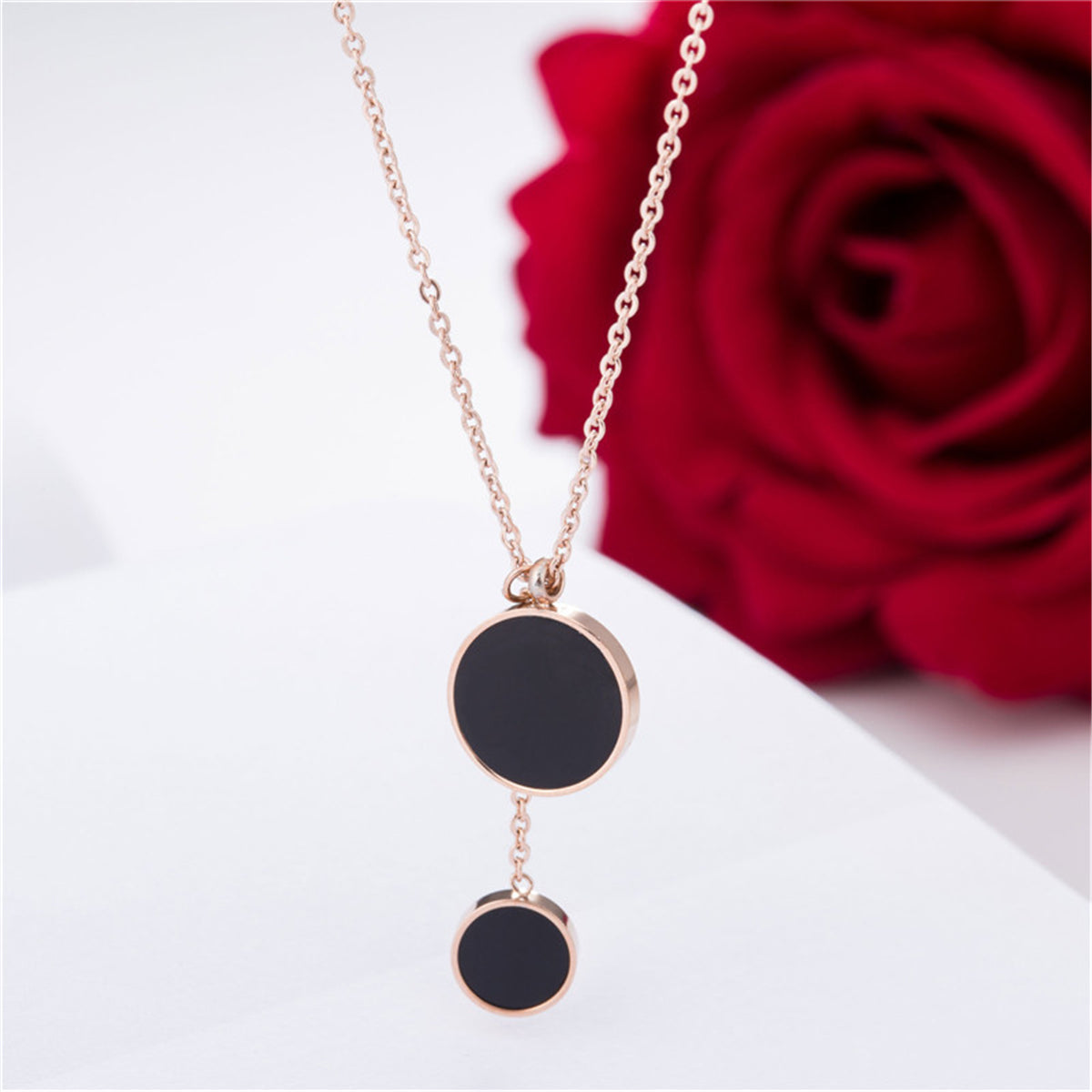 Black Acrylic & 18K Rose Gold-Plated Double Round Lariat Pendant Necklace