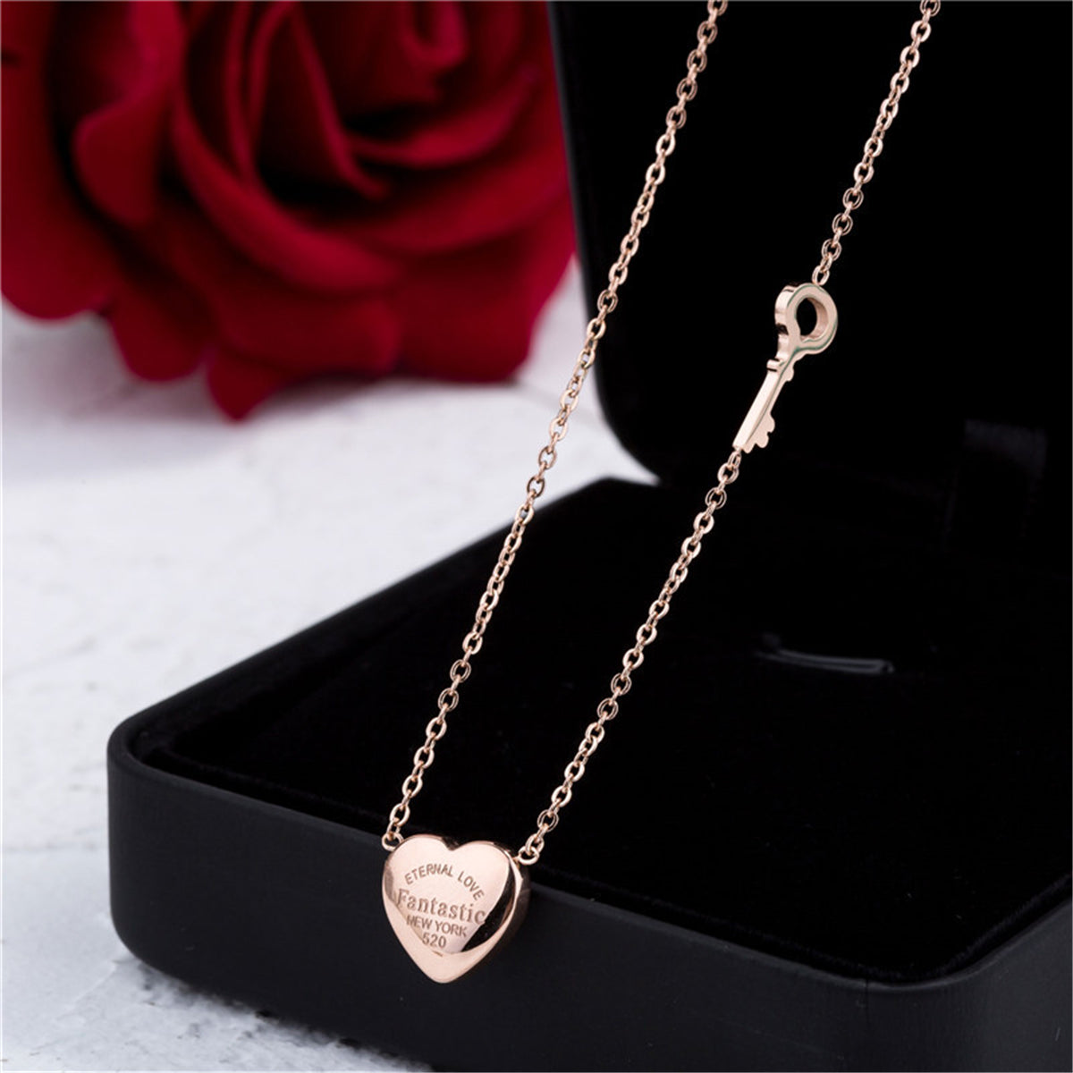 18K Rose Gold-Plated 'Eternal Love' Heart Key Pendant Necklace