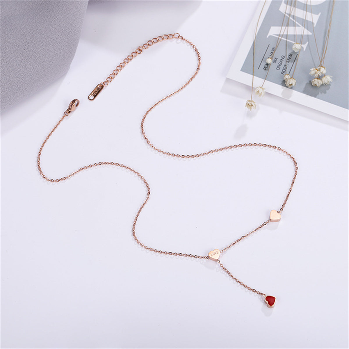 Red Enamel & 18K Rose Gold-Plated Heart Lariat Necklace