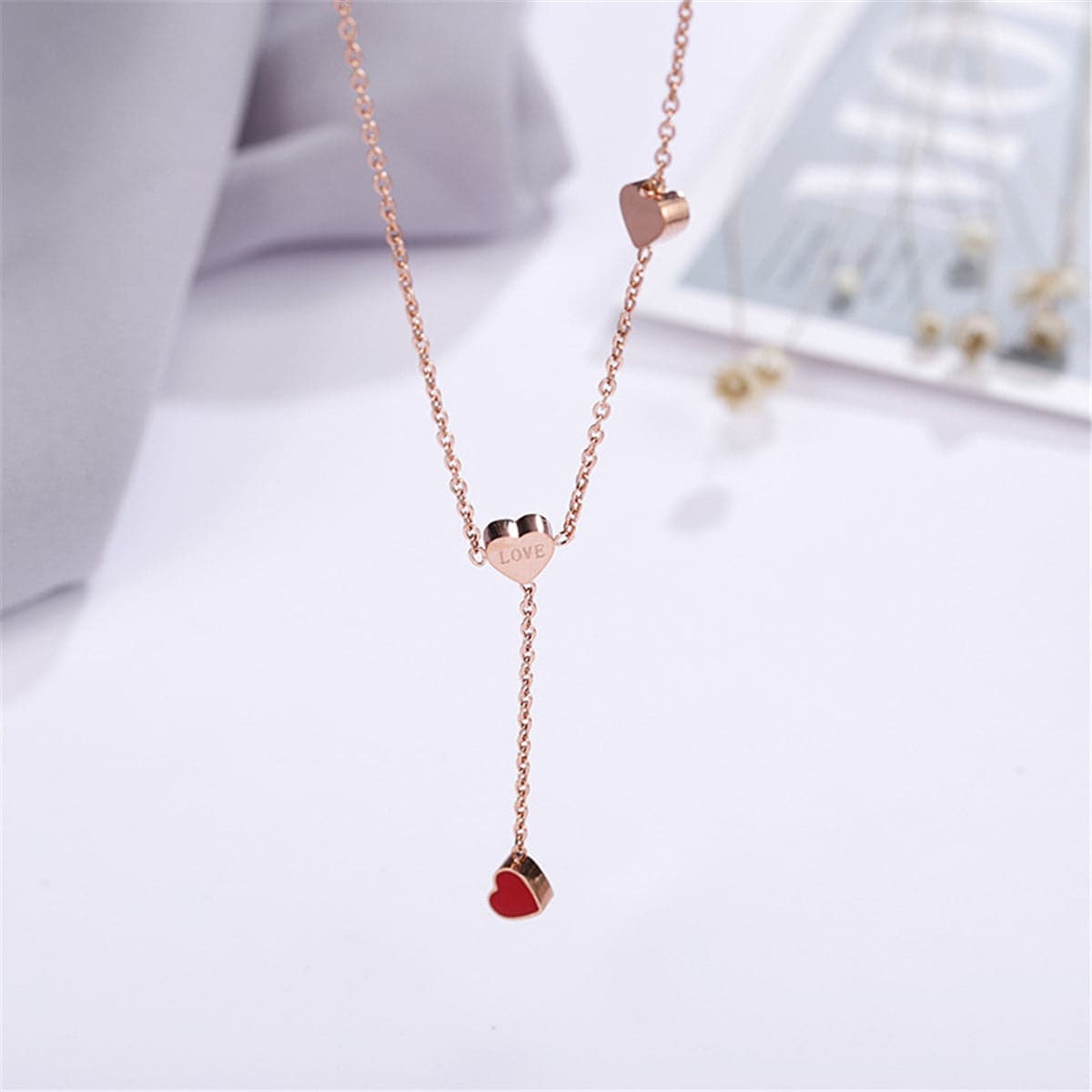 Red Enamel & 18K Rose Gold-Plated Heart Lariat Necklace