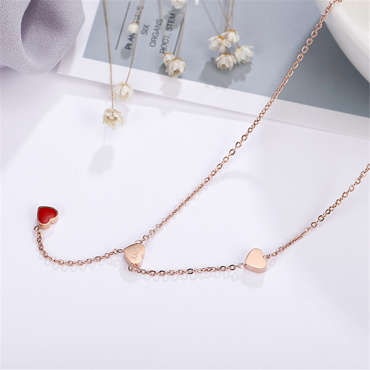 Red Enamel & 18K Rose Gold-Plated Heart Lariat Necklace