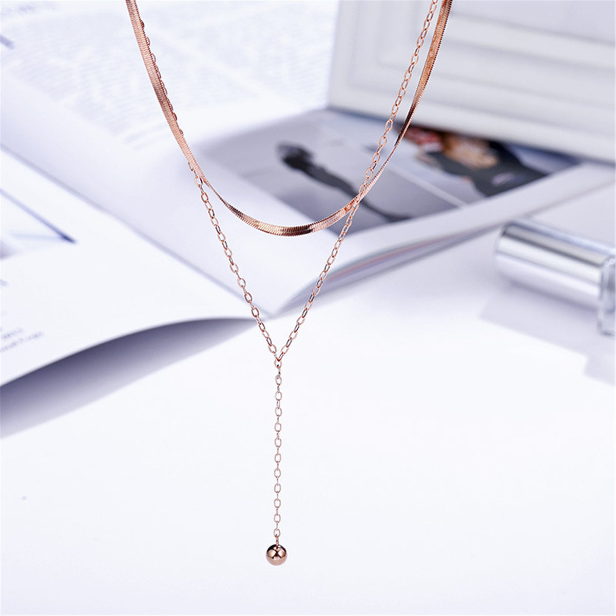 18K Rose Gold-Plated Snake Chain Layered Lariat Necklace