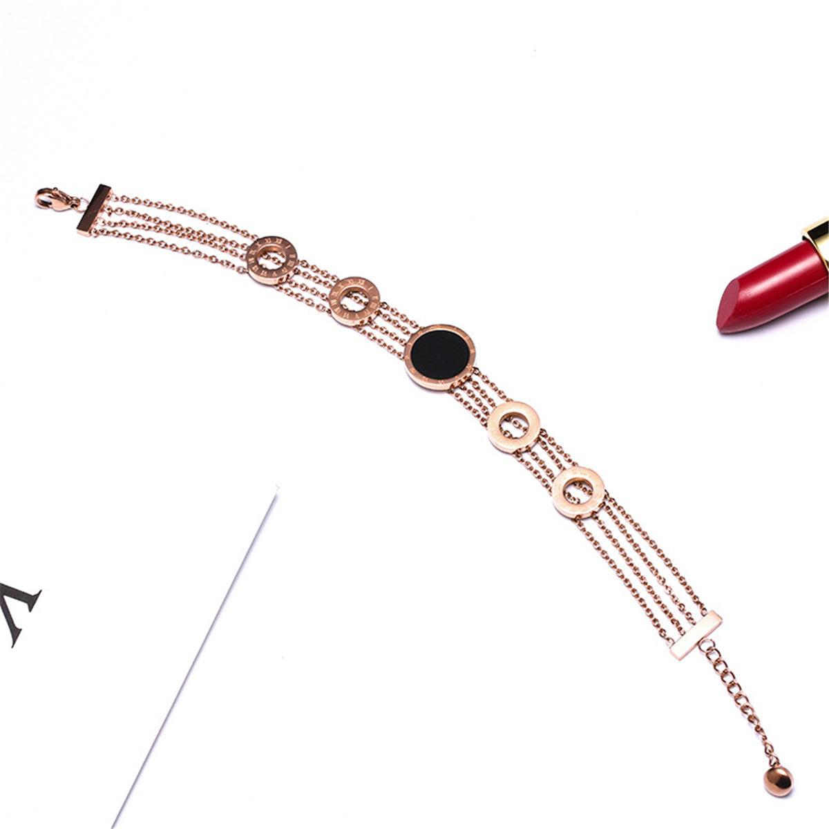 Black Acrylic & 18K Rose Gold-Plated Roman Numeral Multi-Strand Bracelet