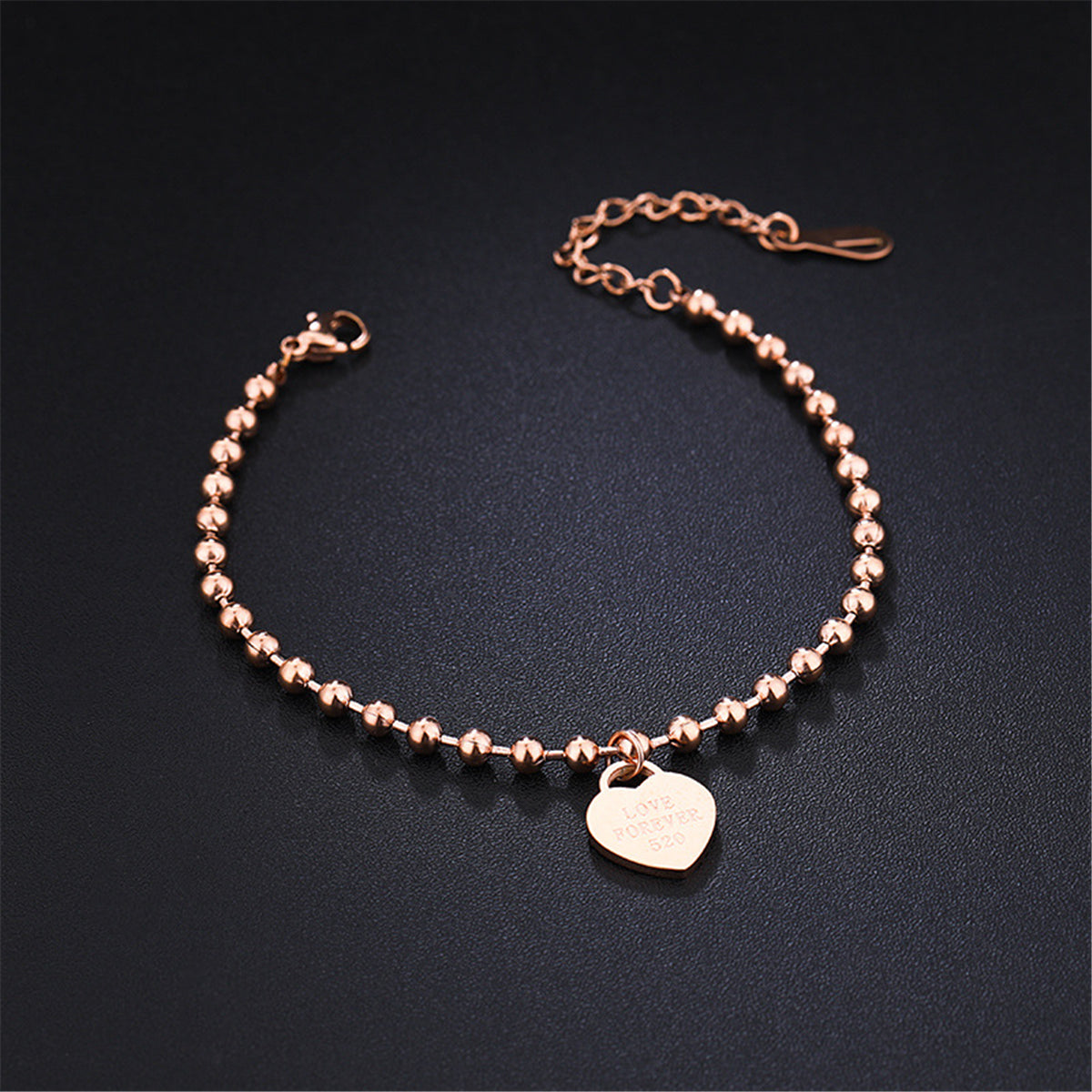 18K Rose Gold-Plated 'Love Forever' Bead Chain Heart Charm Bracelet