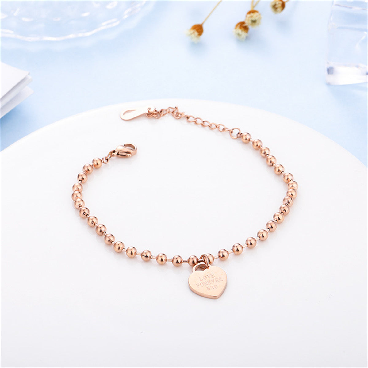 18K Rose Gold-Plated 'Love Forever' Bead Chain Heart Charm Bracelet