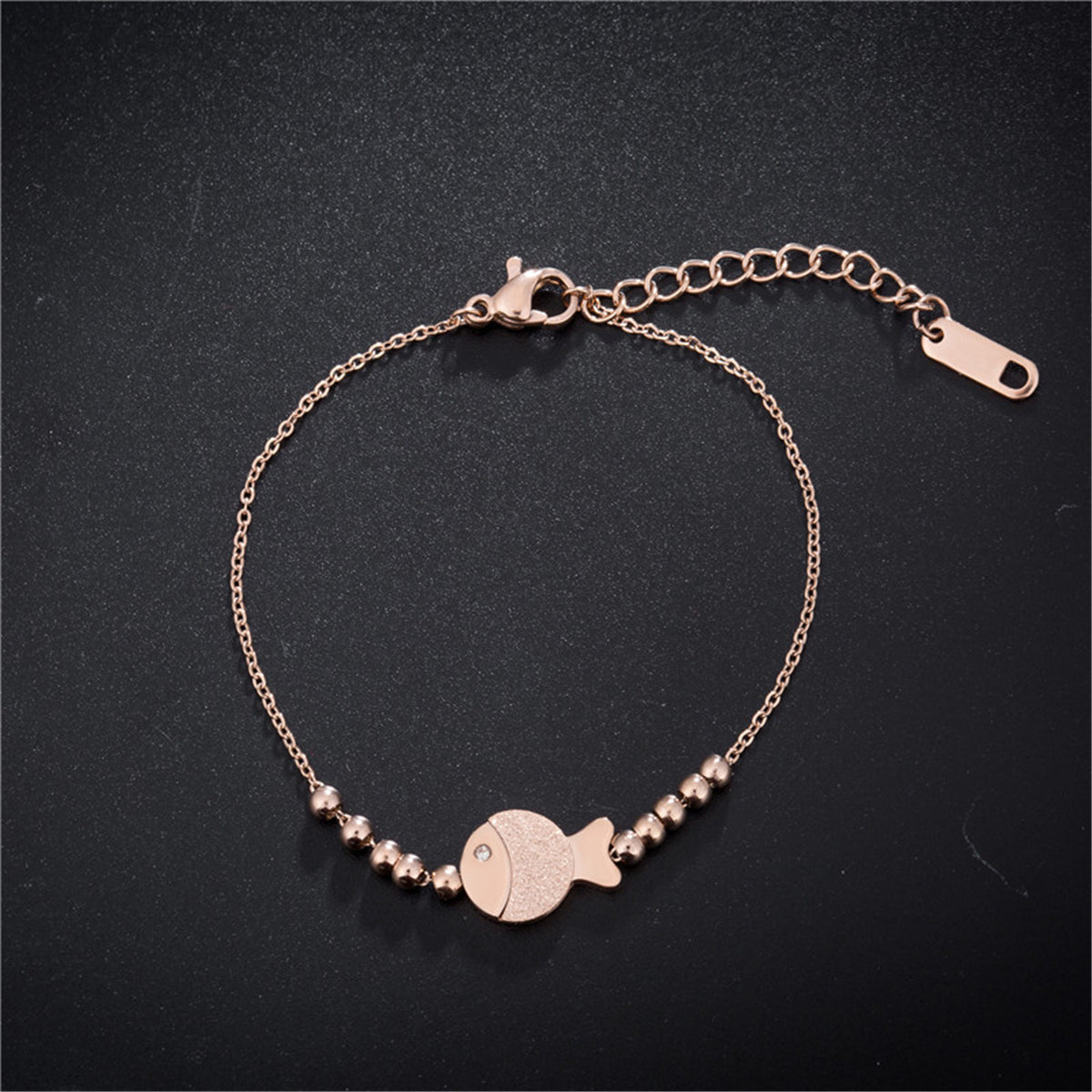 Cubic Zirconia & 18K Rose Gold-Plated Bead Chain Fish Charm Bracelet