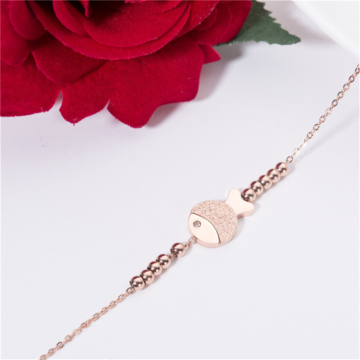 Cubic Zirconia & 18K Rose Gold-Plated Bead Chain Fish Charm Bracelet