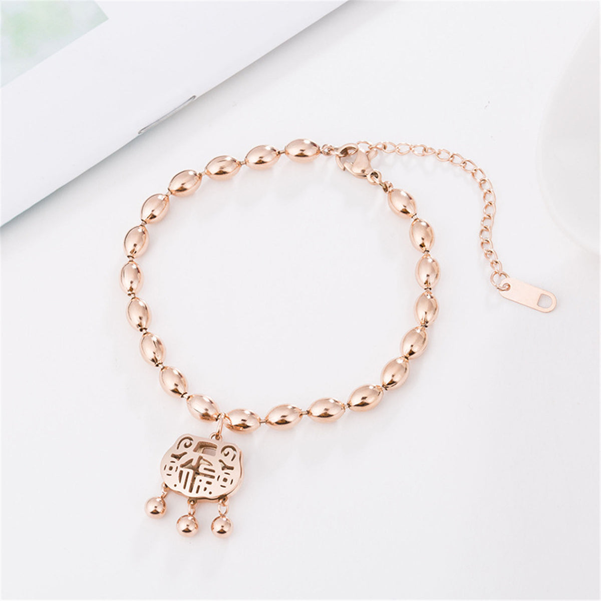 18K Rose Gold-Plated Bead Chain Lock Of Longevity Charm Bracelet