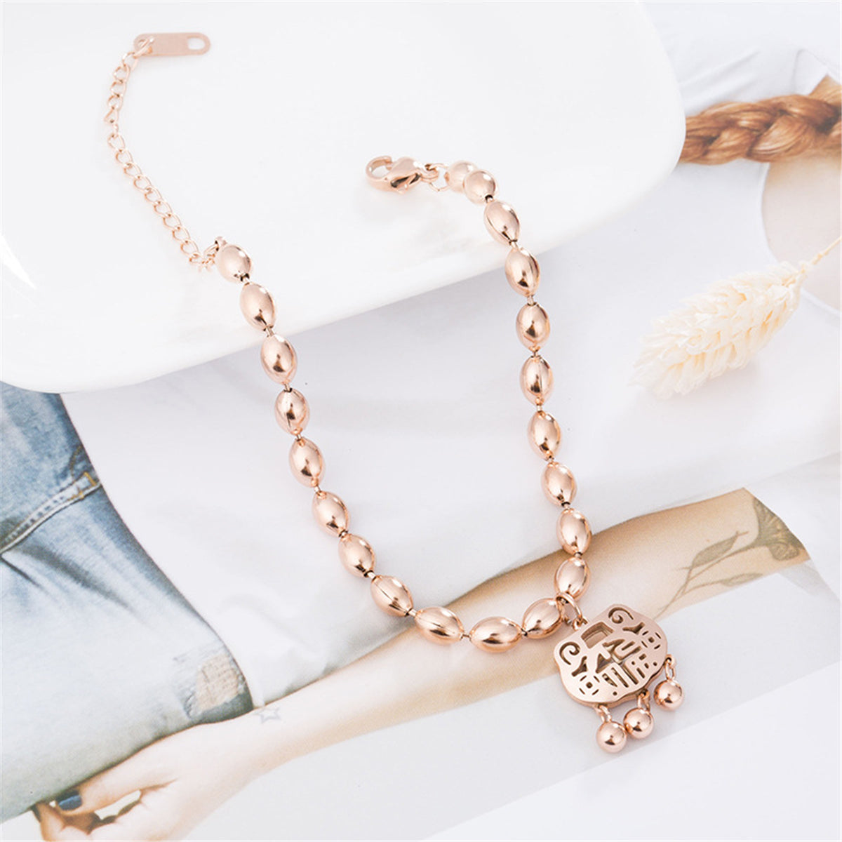 18K Rose Gold-Plated Bead Chain Lock Of Longevity Charm Bracelet