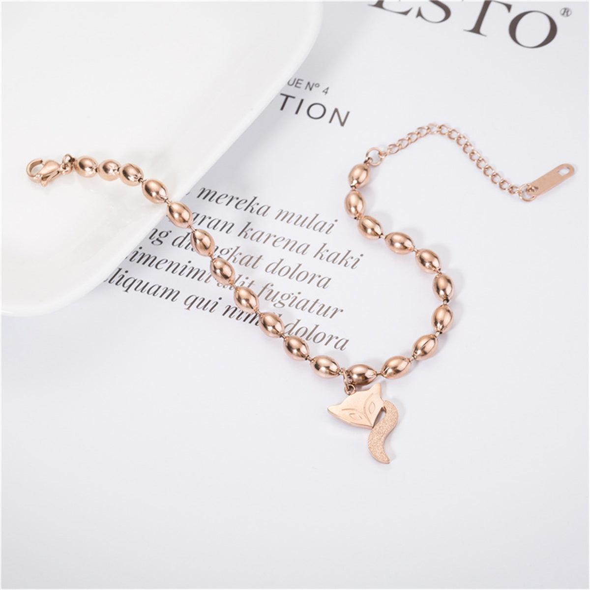 18K Rose Gold-Plated Bead Chain Frosted Fox Charm Bracelet