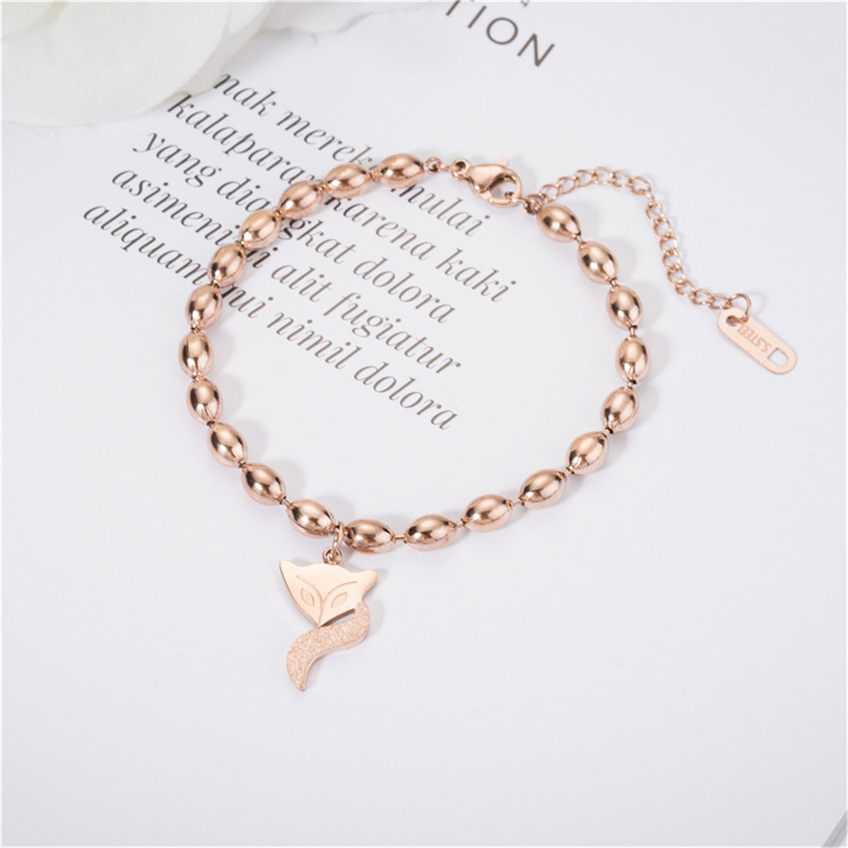 18K Rose Gold-Plated Bead Chain Frosted Fox Charm Bracelet