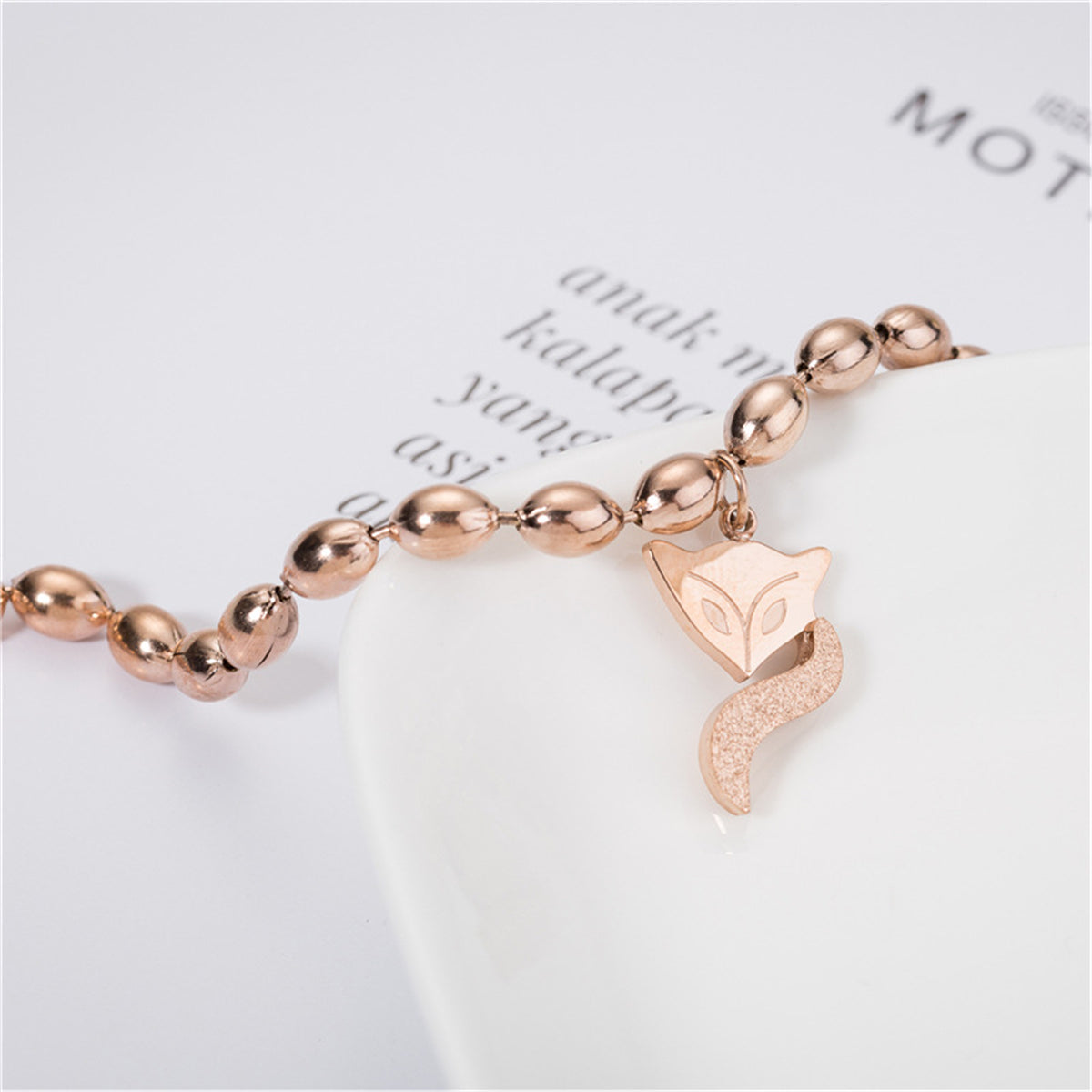 18K Rose Gold-Plated Bead Chain Frosted Fox Charm Bracelet