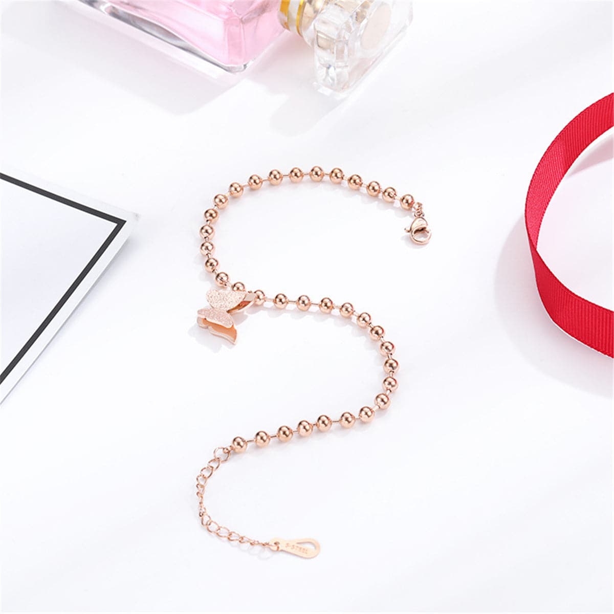 18K Rose Gold-Plated Bead Chain Frosted Butterfly Charm Anklet