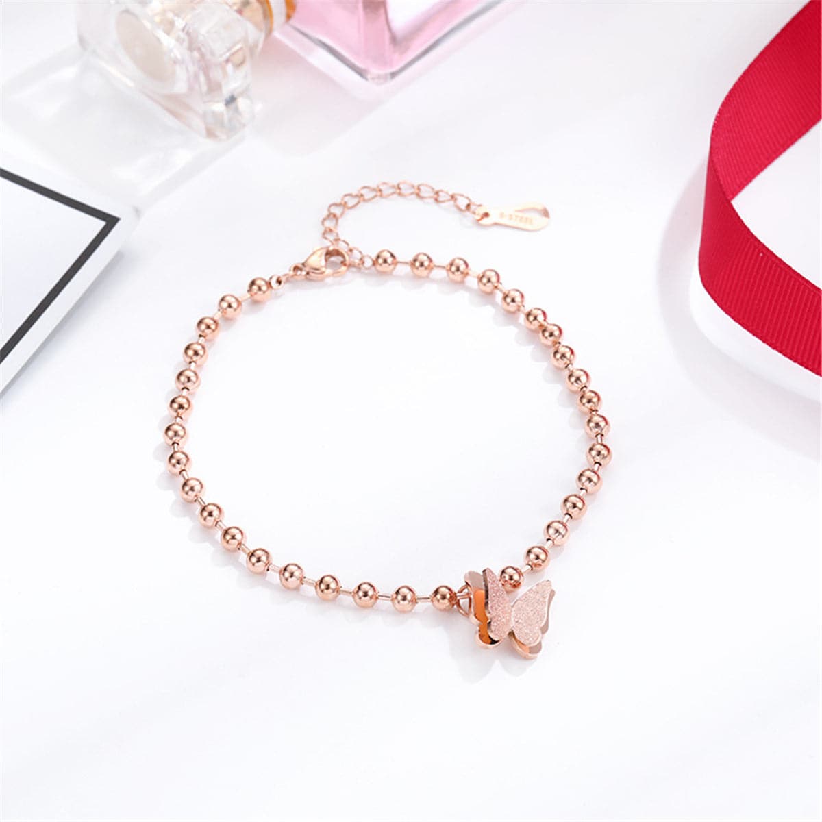 18K Rose Gold-Plated Bead Chain Frosted Butterfly Charm Anklet