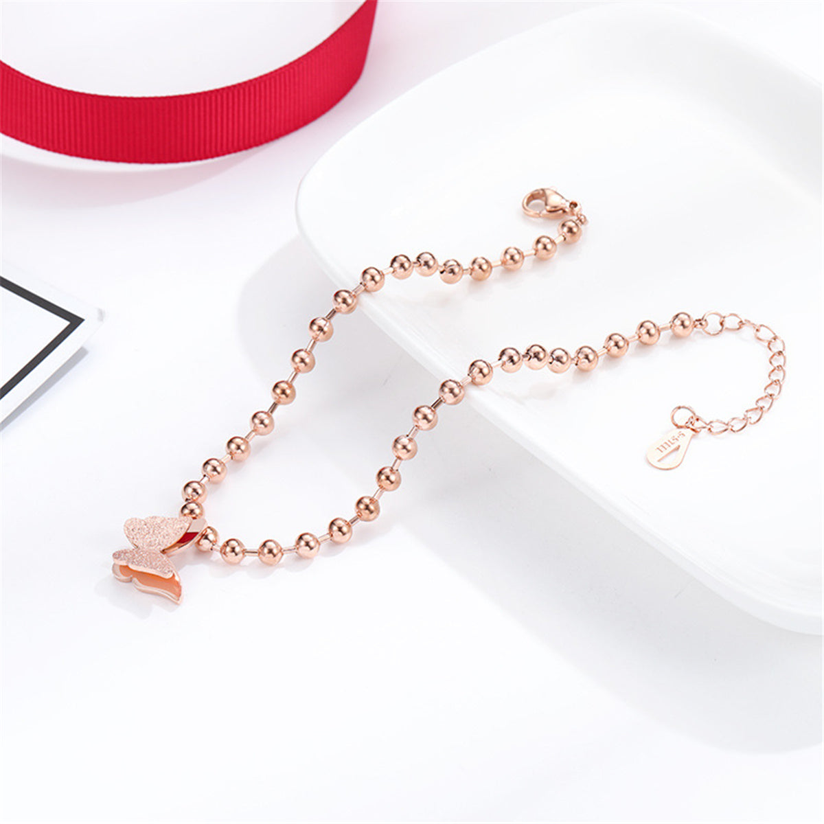 18K Rose Gold-Plated Bead Chain Frosted Butterfly Charm Anklet