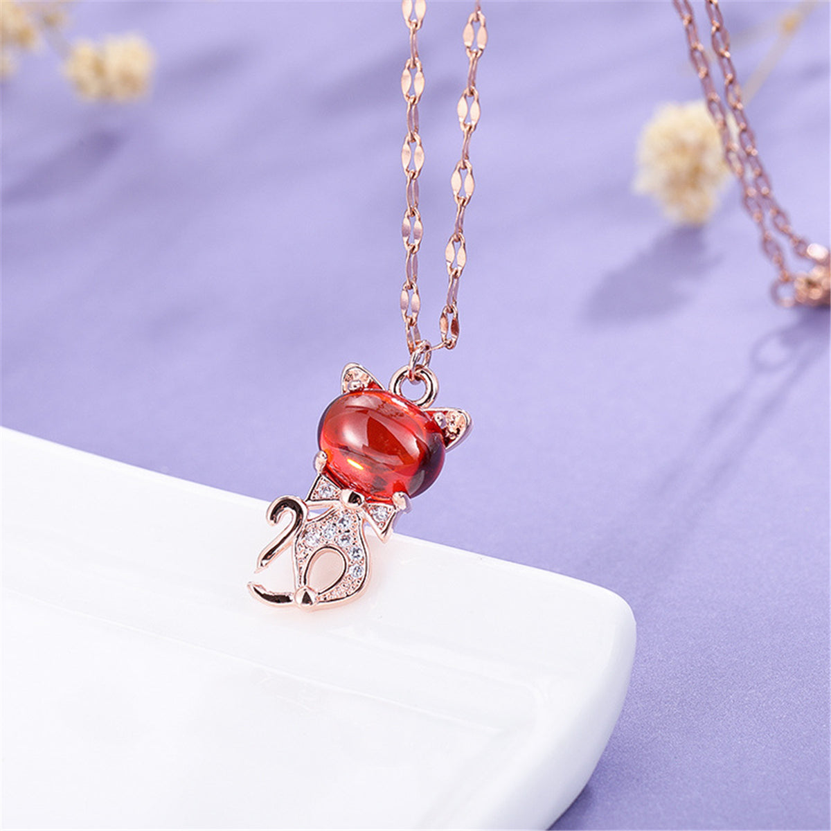 Red Quartz & Cubic Zirconia 18K Rose Gold-Plated Cat Pendant Necklace