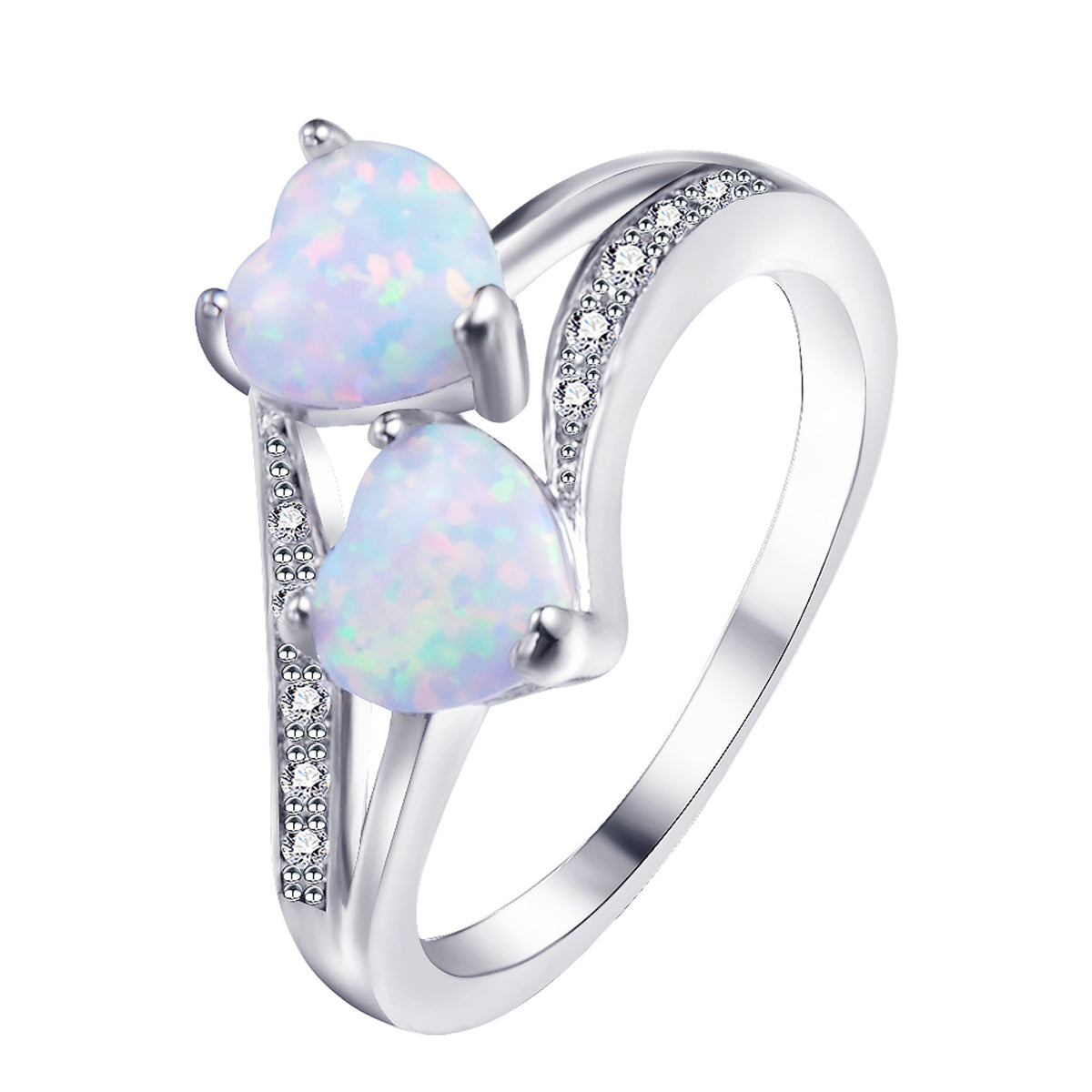 Opal & Cubic Zirconia Double-Heart Ring