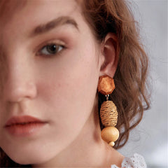 Wood & Rattan Geometric Tiered Drop Earrings