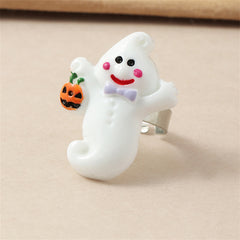 White & Silver-Plated Pumpkin Ghost Adjustable Ring