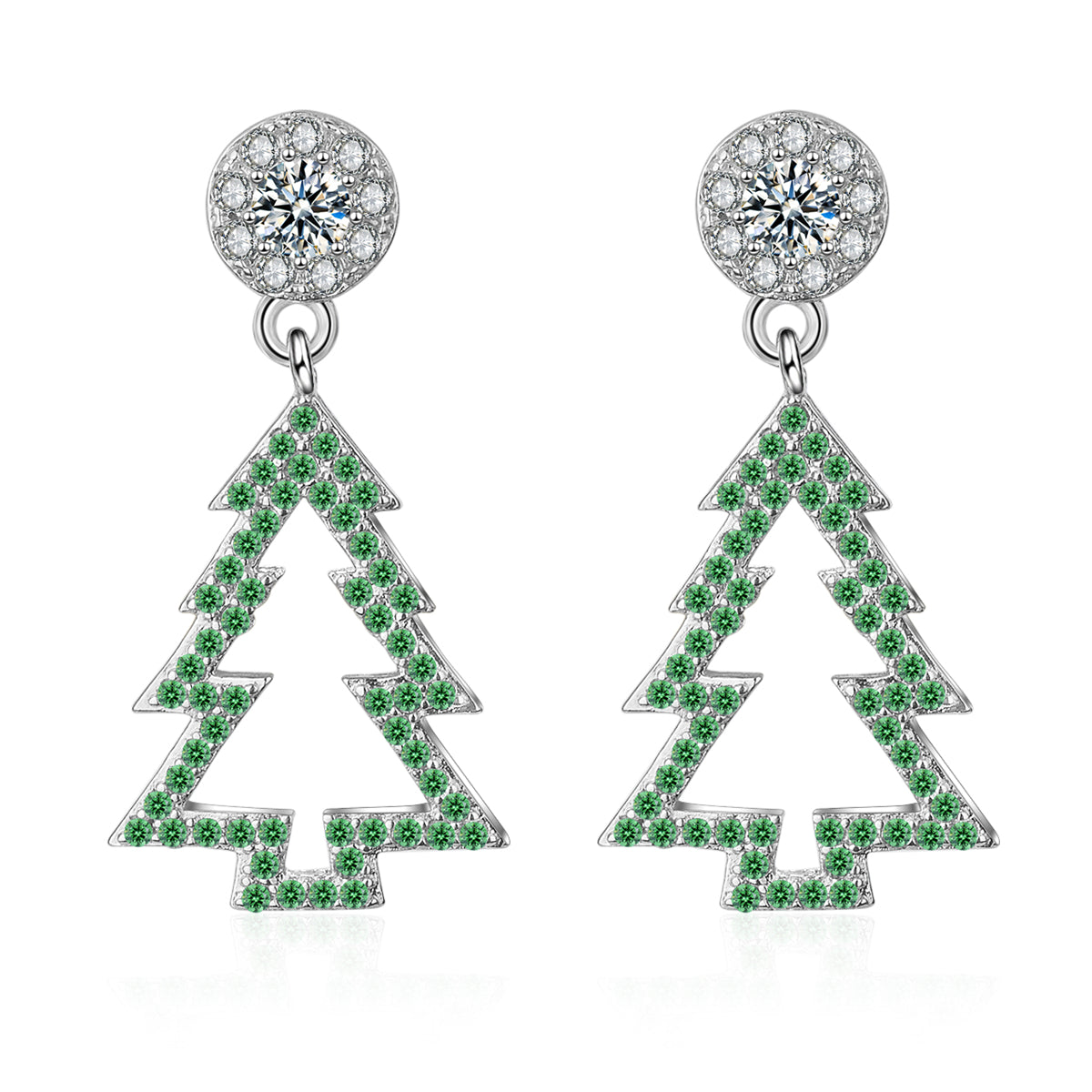 Green Cubic Zirconia & Silver-Plated Christmas Tree Drop Earrings