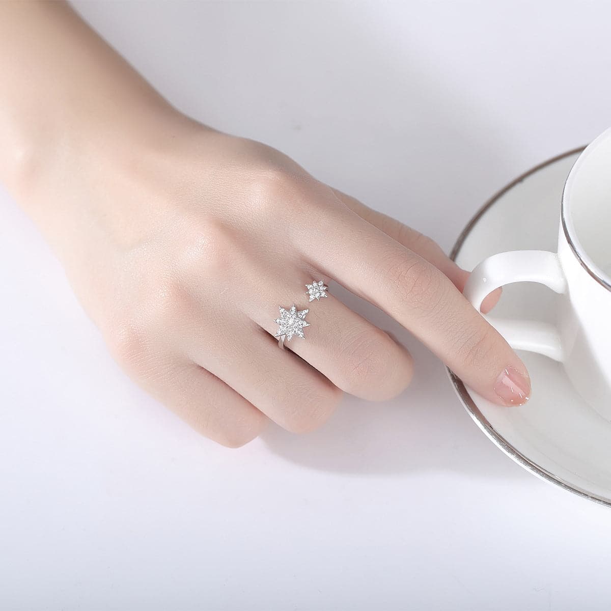 Cubic Zirconia & Silver-Plated Star Open Ring