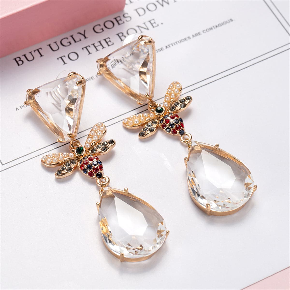 Pink Crystal & Cubic Zirconia 18K Gold-Plated Bee Drop Earrings