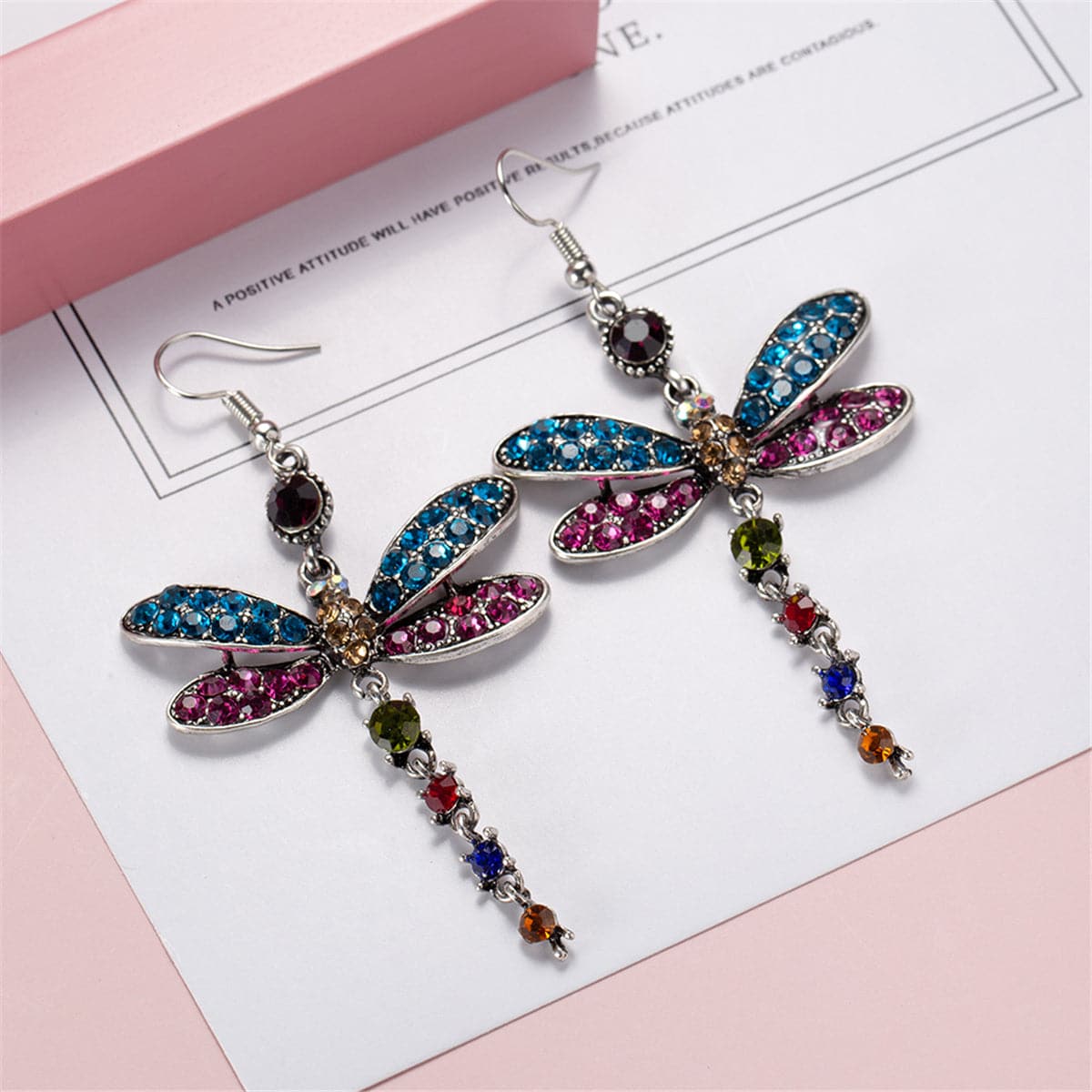 Blue & Pink Crystal & Silver-Plated Dragonfly Drop Earrings