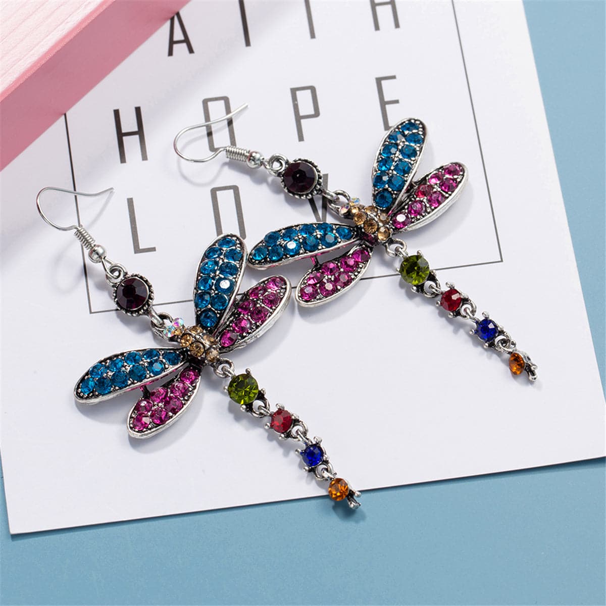 Blue & Pink Crystal & Silver-Plated Dragonfly Drop Earrings