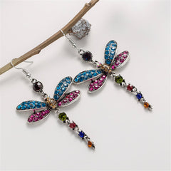 Blue & Pink Crystal & Silver-Plated Dragonfly Drop Earrings