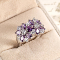 Purple Crystal & Silver-Plated Floral Band Ring