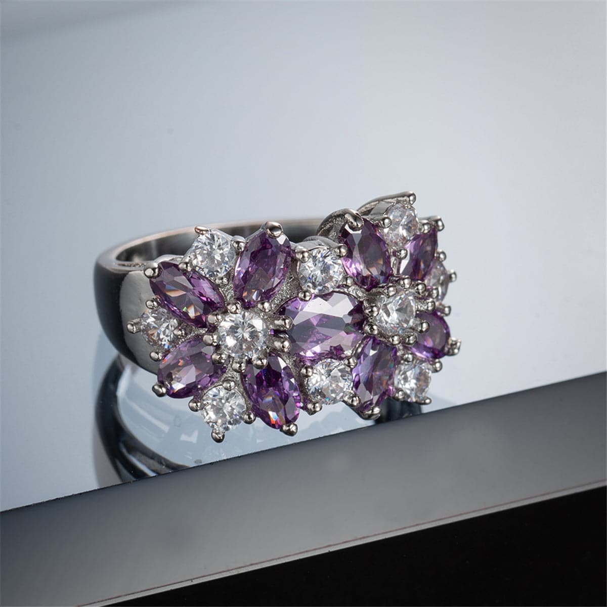 Purple Crystal & Silver-Plated Floral Band Ring