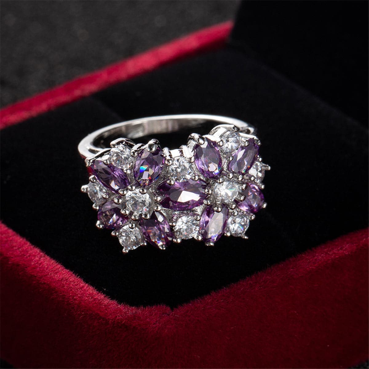 Purple Crystal & Silver-Plated Floral Band Ring