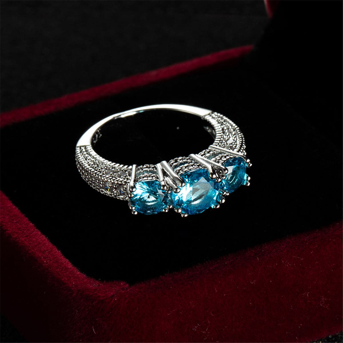 Sea Blue Crystal & Silver-Plated Three-Stone Ring