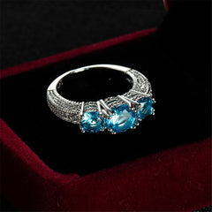 Sea Blue Crystal & Silver-Plated Three-Stone Ring