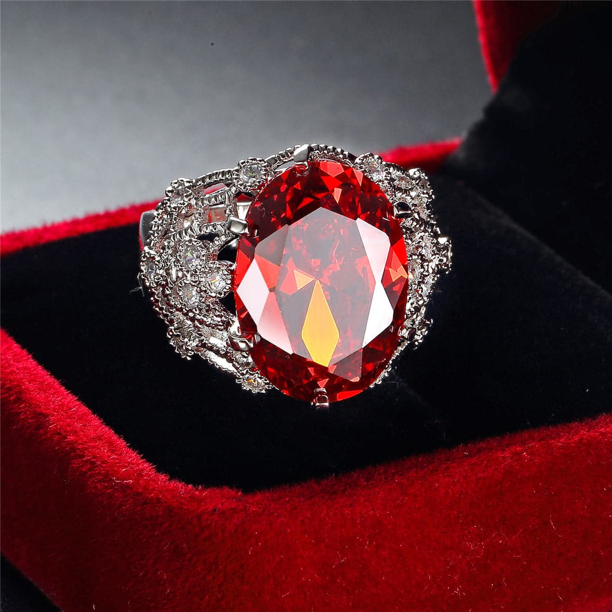 Red Crystal & Cubic Zirconia Oval Botanical Ring