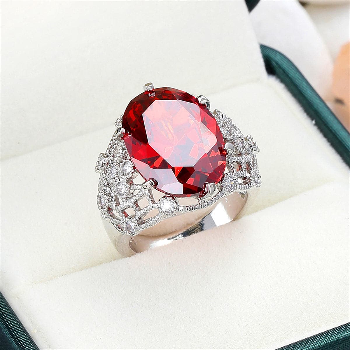 Red Crystal & Cubic Zirconia Oval Botanical Ring