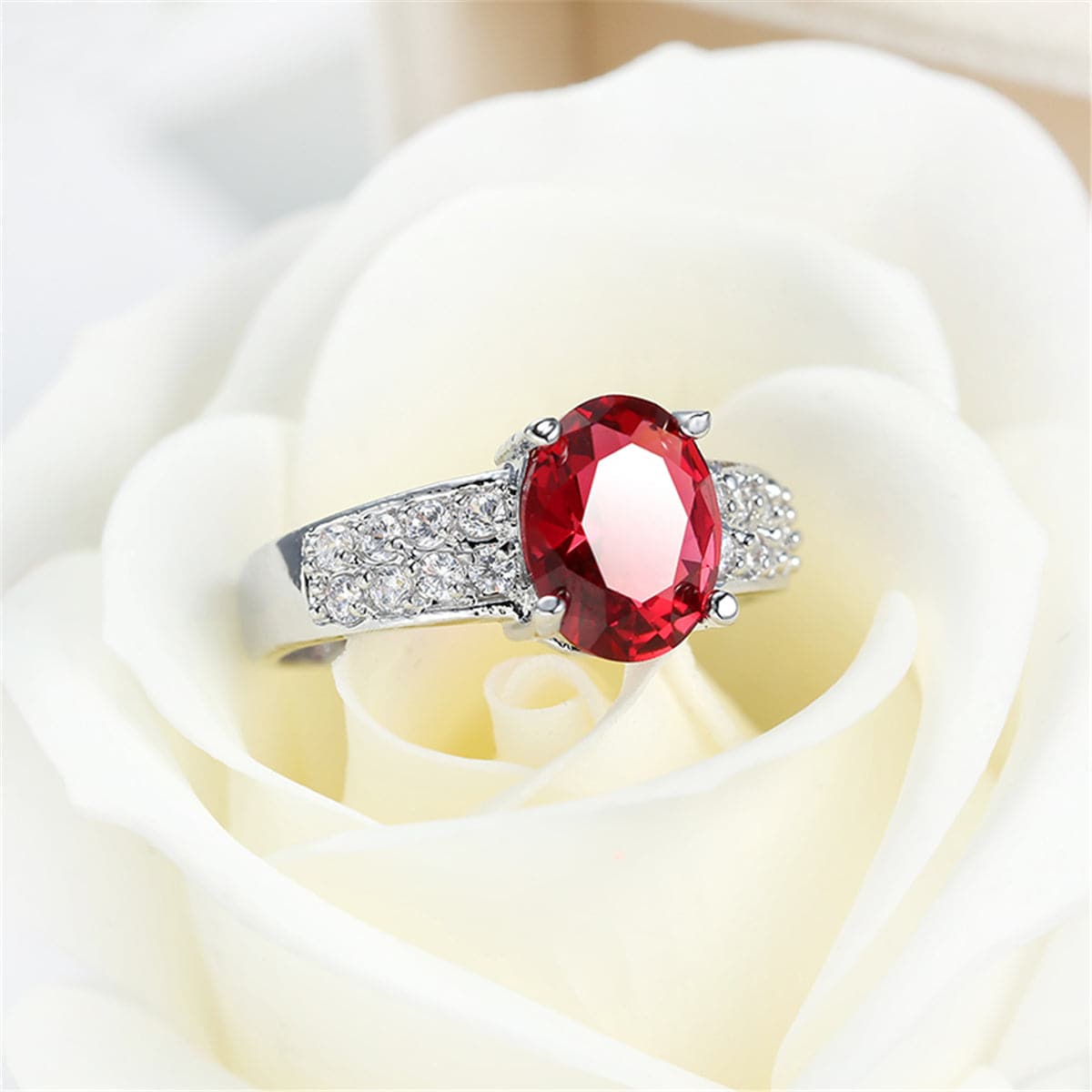 Red Cubic Zirconia & Crystal Two-Row Oval Ring