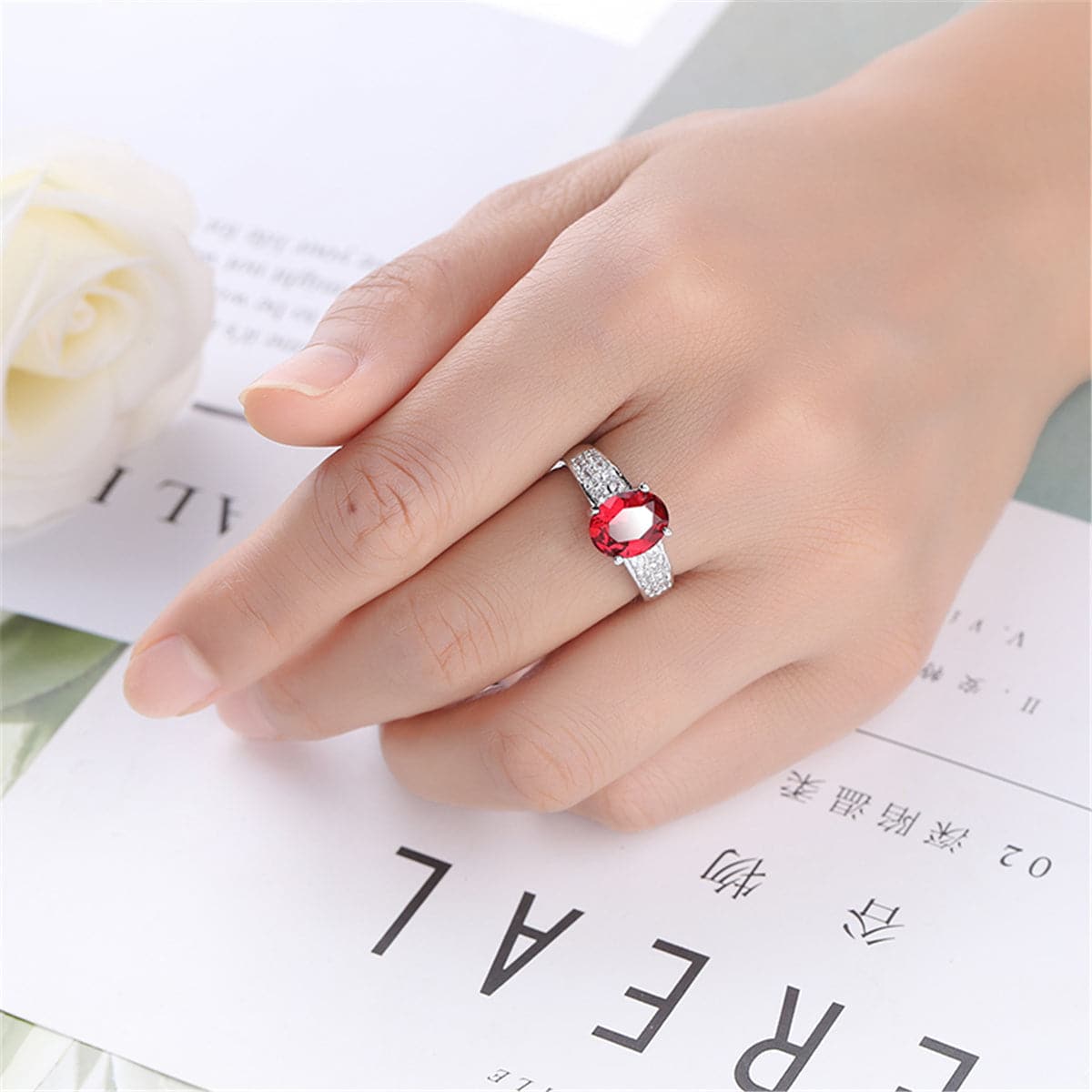 Red Cubic Zirconia & Crystal Two-Row Oval Ring