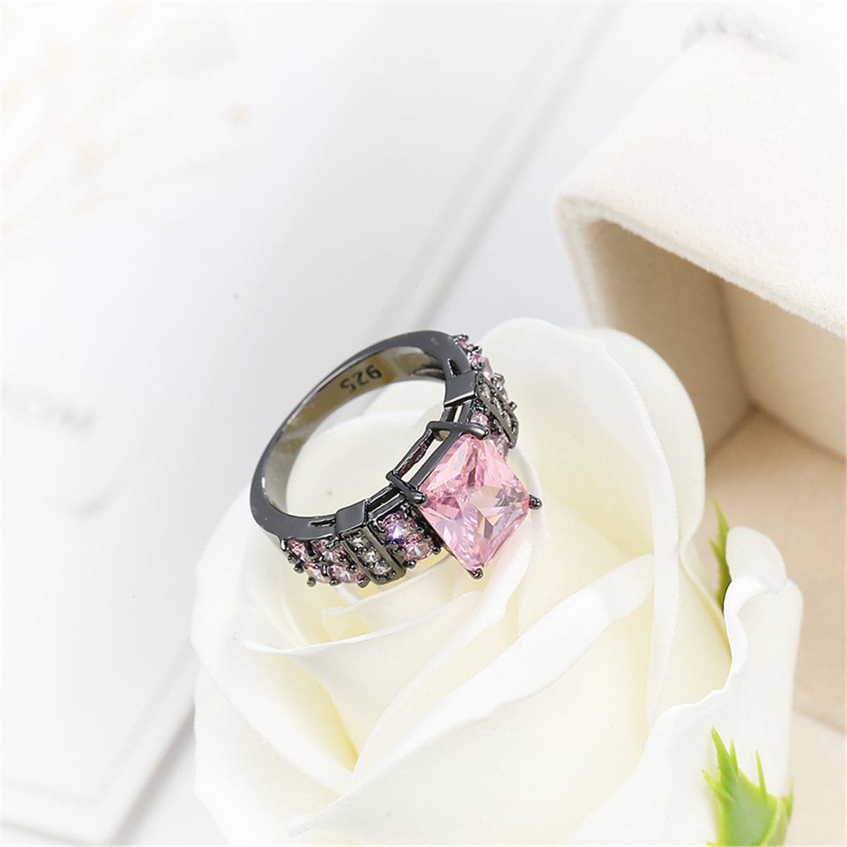 Pink Crystal & Rhodium-Plated Rectangle Ring