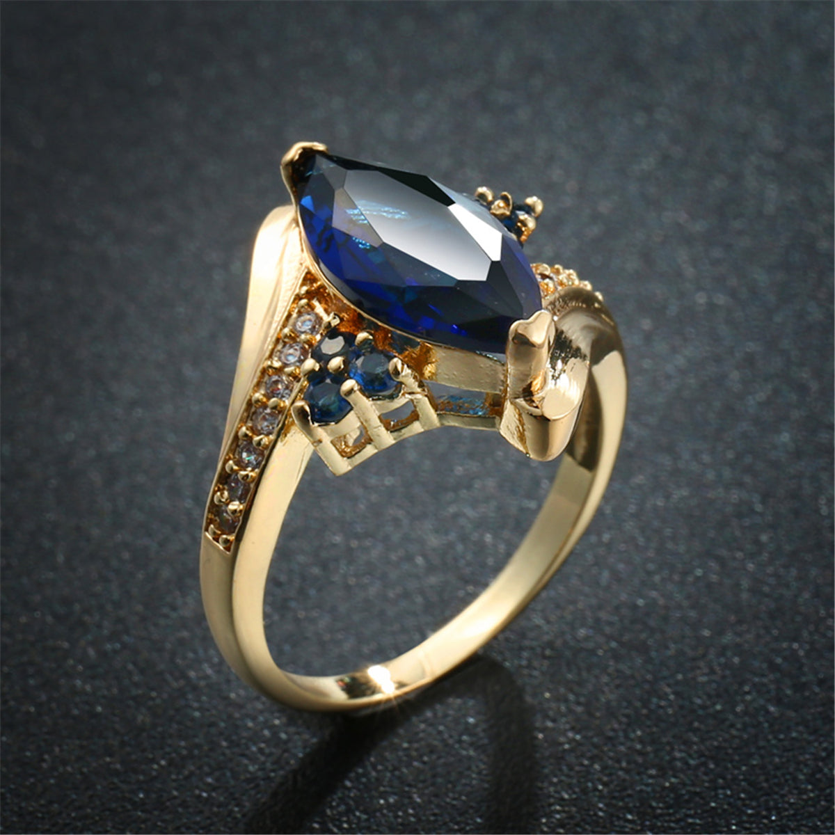 Navy Crystal & Cubic Zirconia 18K Gold-Plated Oval Bypass Ring