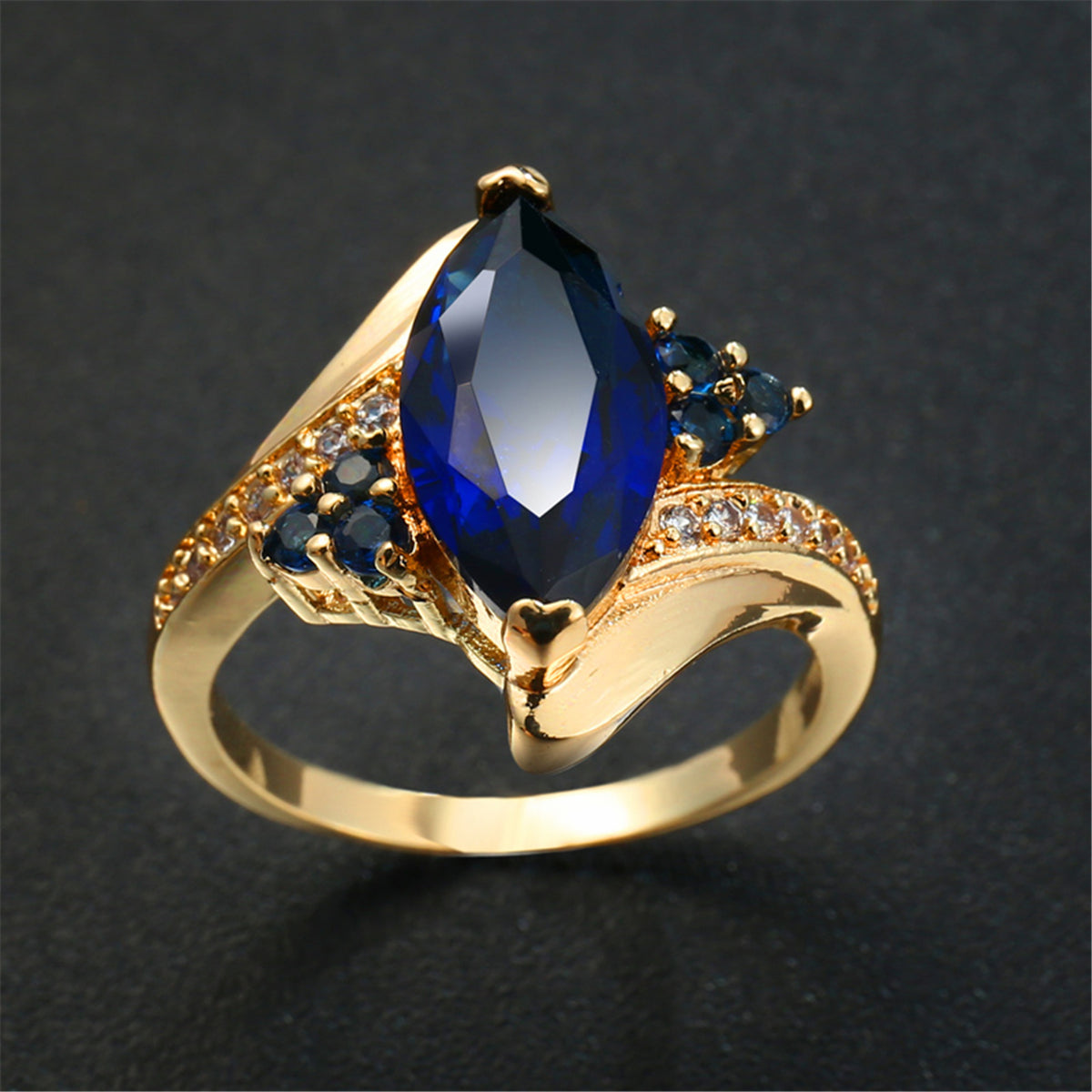 Navy Crystal & Cubic Zirconia 18K Gold-Plated Oval Bypass Ring